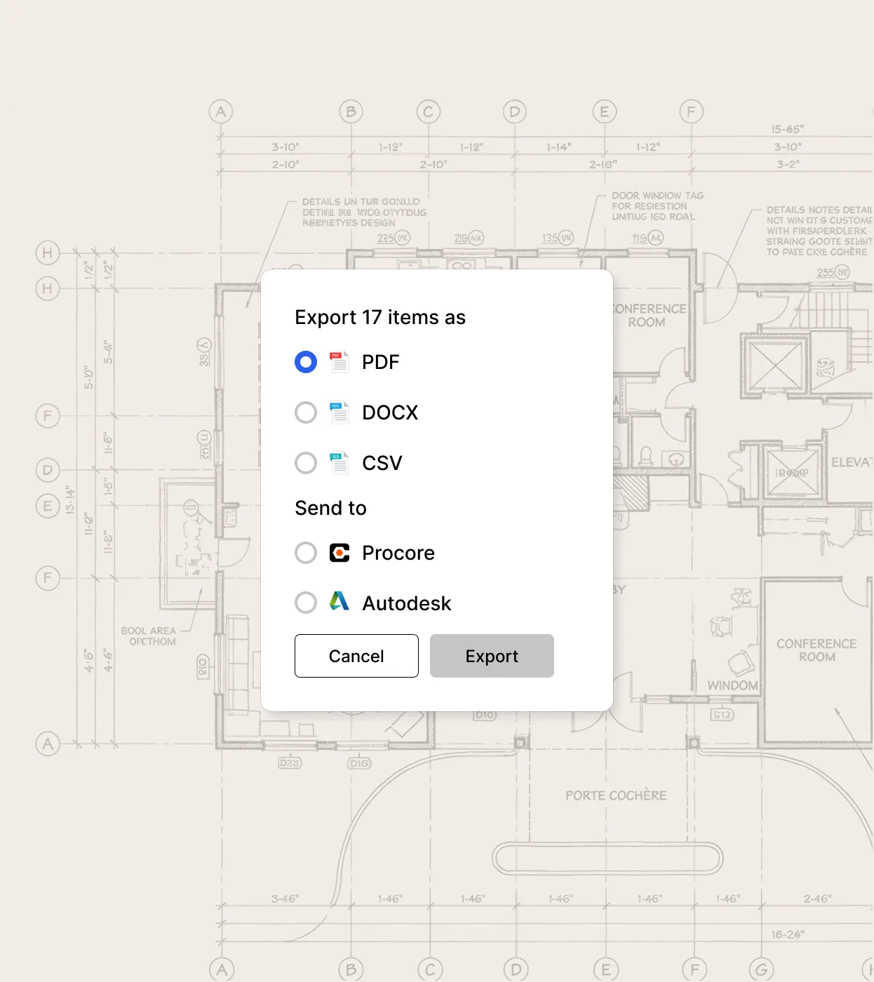 Export dialog offering PDF, DOCX, and CSV plus send to Procore or Autodesk