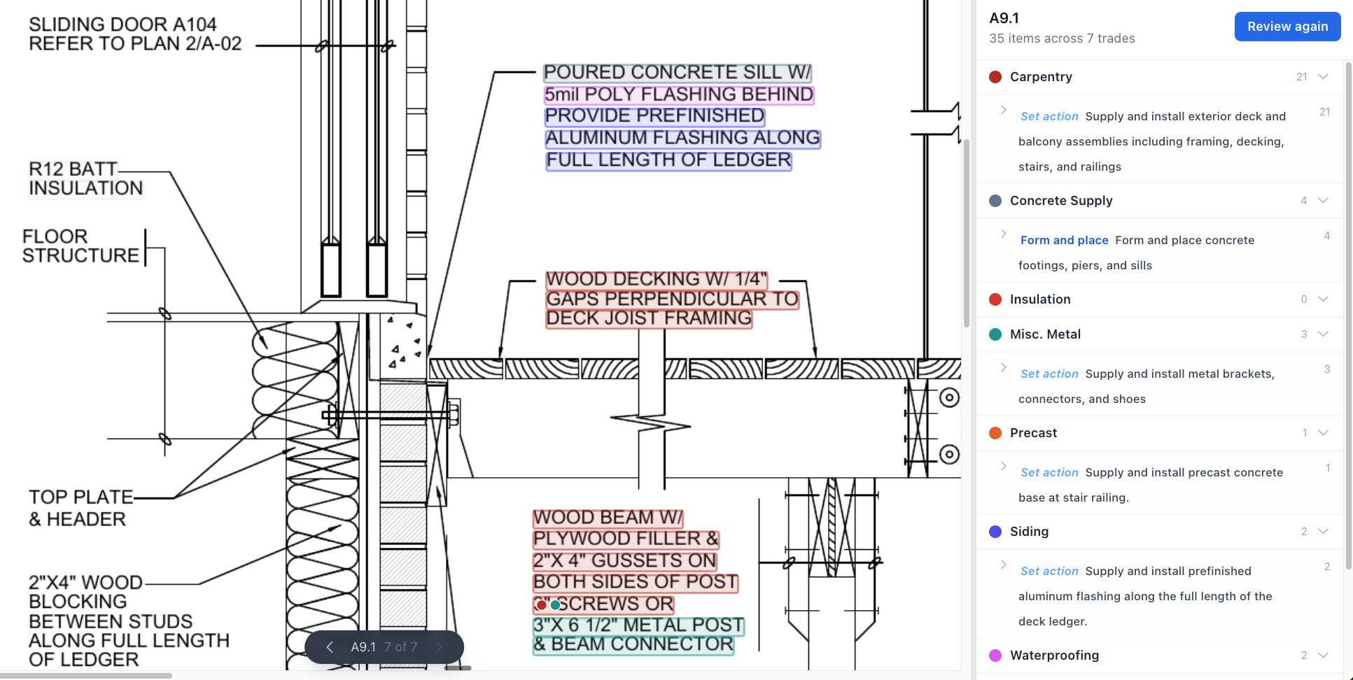 Scope Agent reading a deck and balcony detail and organizing every detected item into trades: Carpentry, Concrete Supply, Misc. Metal, Precast, Siding, and Waterproofing (35 items across 7 trades)